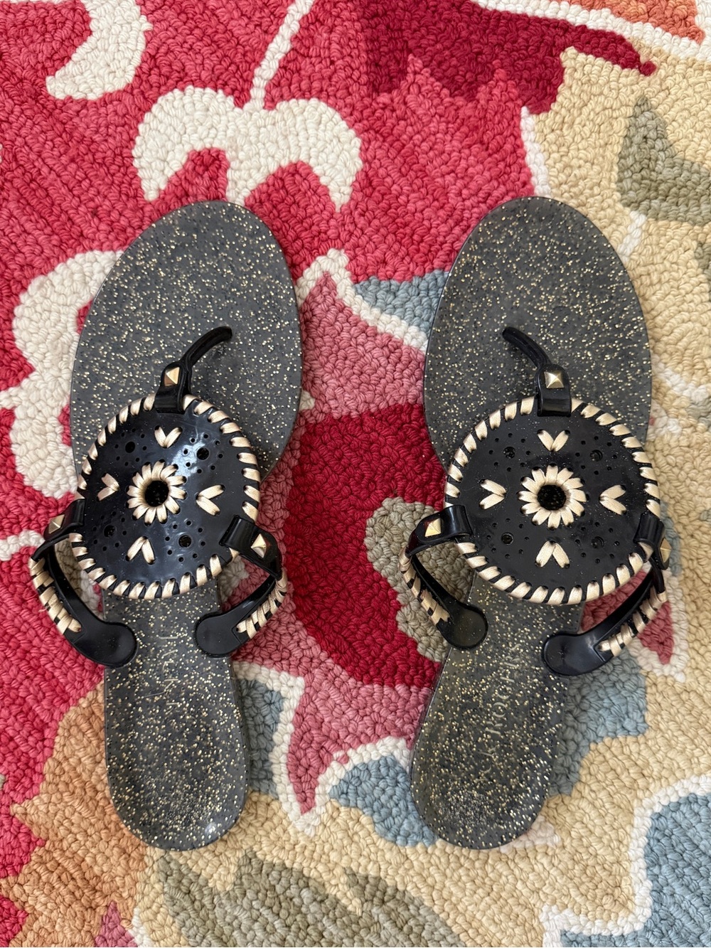 Jack Rogers Georgica Glitter Jelly Flip Flops Sandals 11 Black Gold